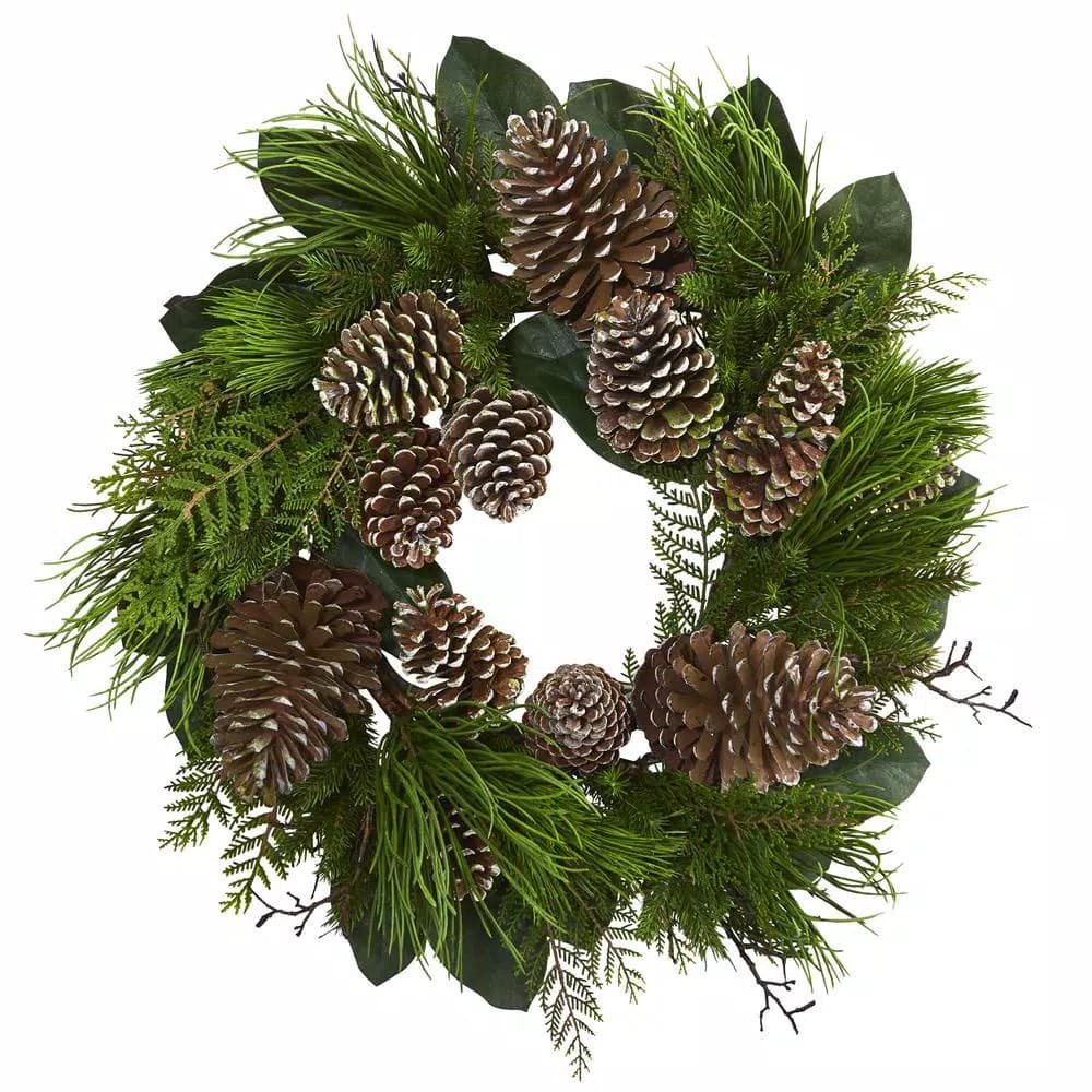 Nearly Natural 28 in. Artificial Pine Cone and Pine Wreath, Rustic Farmhouse Greenery Decor