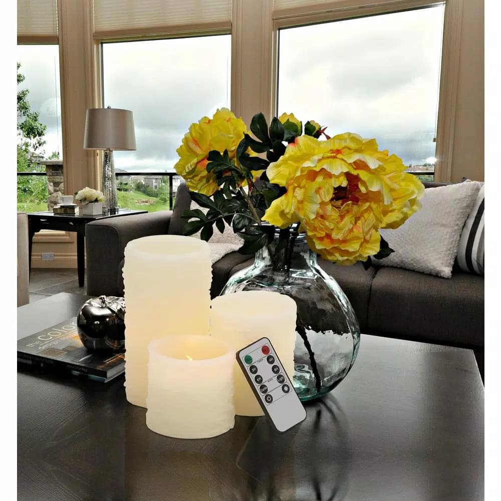 LITTON LANE Ivory Wax Flameless Pillar Candle Set of 3 with Remote Control and Timer