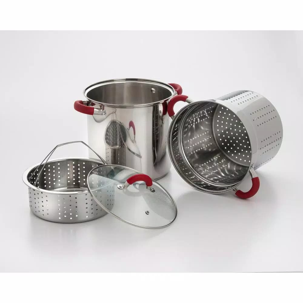 ExcelSteel 8 Qt. Stainless Steel Multi-Cooker Pasta Pot Set with Steamer Insert and Red Silicone Handles