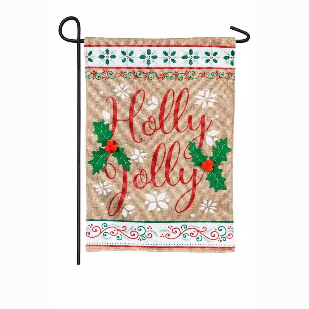 Evergreen Holly Jolly Garden Burlap Flag, 18 in. x 12.5 in. Double-Sided Christmas Flag