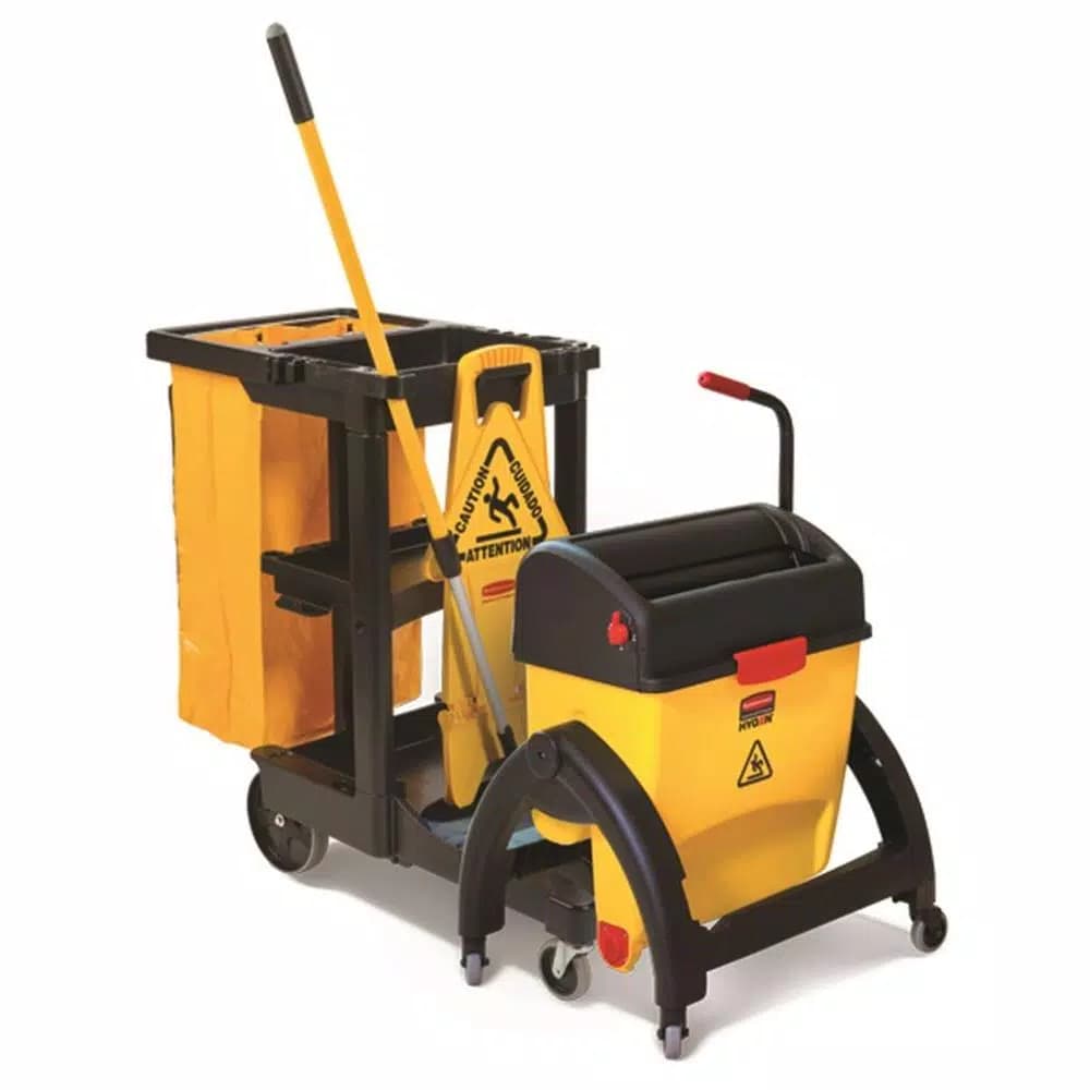 Rubbermaid Commercial Products Commercial Plastic Cleaning Cart with 3 Shelves and Zippered Yellow Vinyl Bag