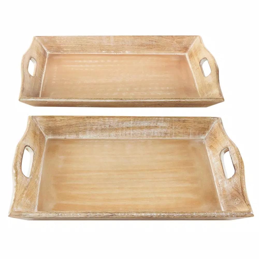 LITTON LANE Distressed Brown Decorative Wooden Trays, Set of 2, Mango Wood & MDF