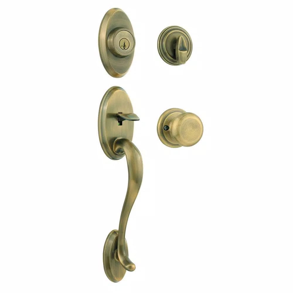 Kwikset Shelburne Single Cylinder Handleset with Juno Knob, Antique Brass, SmartKey Security