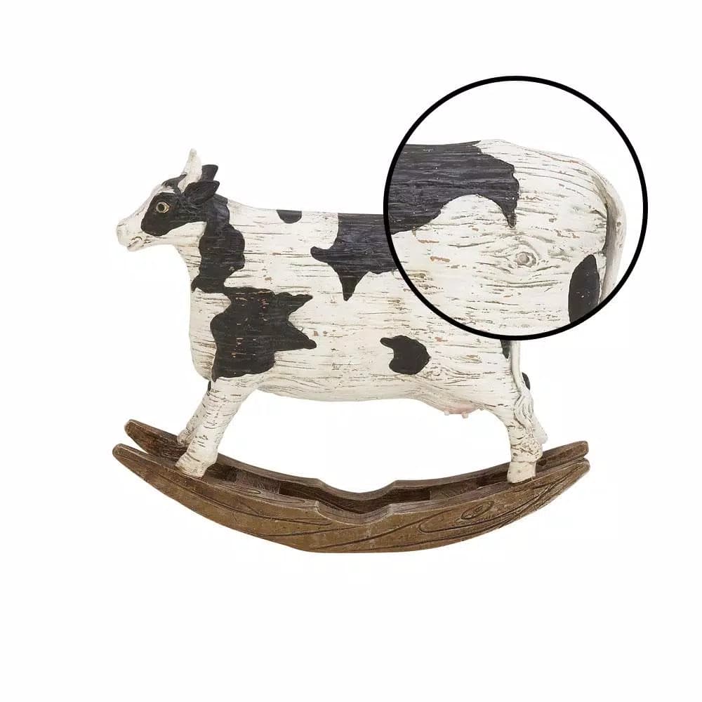 LITTON LANE Rectangular Polystone Cow Sculpture on Curved Wood Rocker - Farmhouse Decor