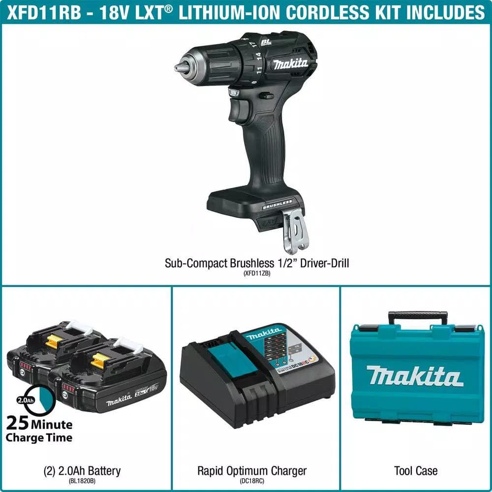 Makita 18V LXT Sub-Compact Brushless 1/2 in. Driver Drill Kit with 2.0 Ah Battery and Charger