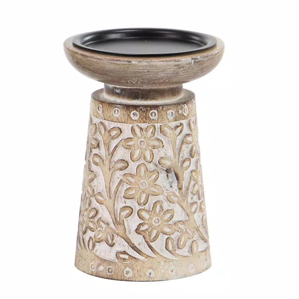 LITTON LANE Rustic Mango Wood and Iron Candle Holder Set of 3 with Floral Carvings