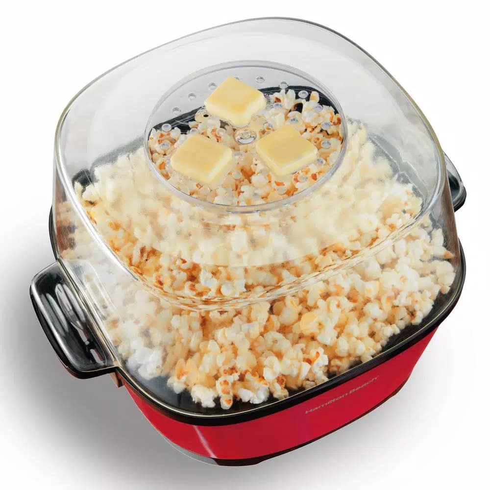 Hamilton Beach Hot Oil Popcorn Popper with Motorized Stirring Arm and Butter Well - Red