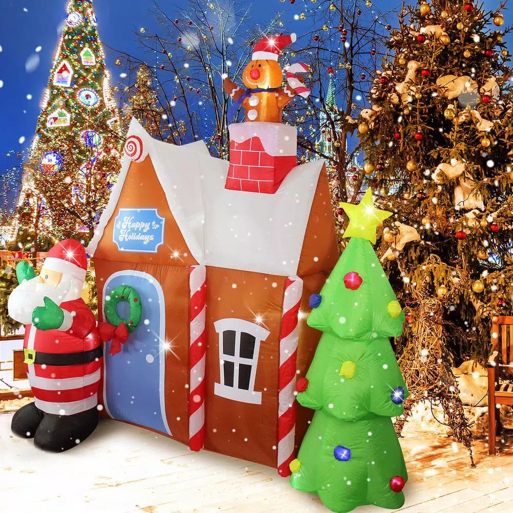 JOYDECOR 7 ft. Santa Claus & Gingerbread House Christmas Inflatable with LED Lights