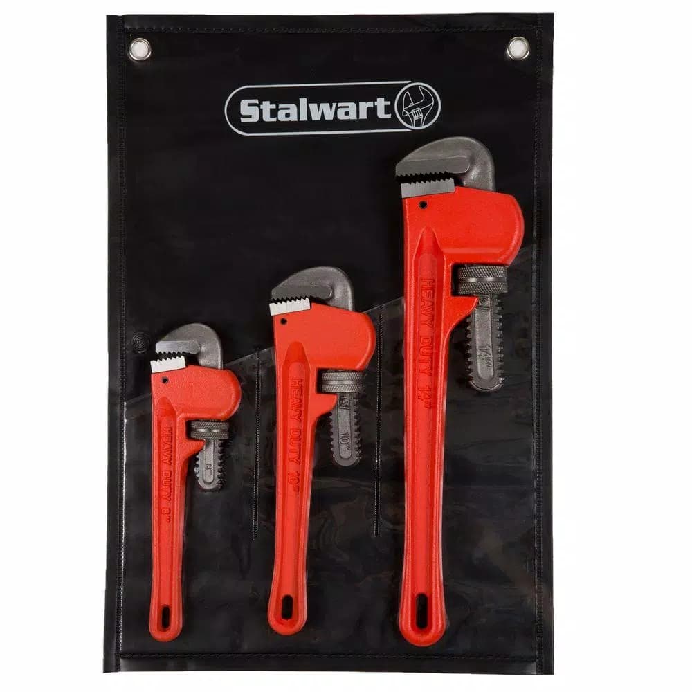 Stalwart 3-Piece Heavy Duty Cast Iron Pipe Wrench Set with Storage Pouch
