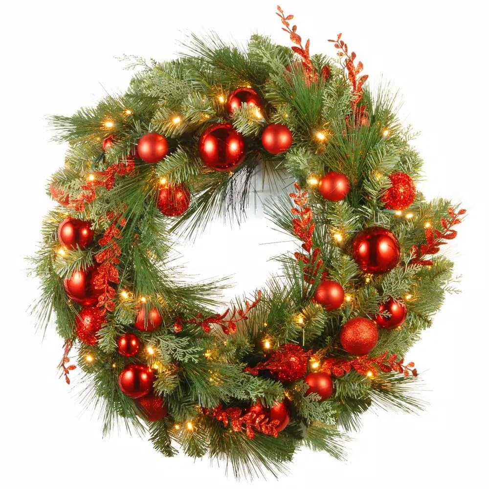 National Tree Company 30 in. Christmas Red Mixed Wreath with 100 Warm White LED Lights, Battery Operated