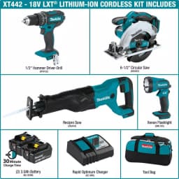 Makita 18V LXT Lithium-Ion Cordless 4-Piece Combo Kit (XT442) - Hammer Drill, Circular Saw, Reciprocating Saw & Flashlight thumbnail 2