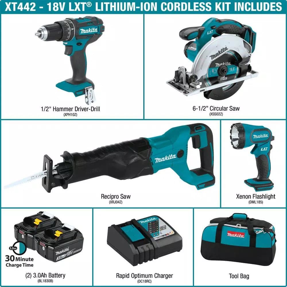 Makita 18V LXT Lithium-Ion Cordless 4-Piece Combo Kit (XT442) - Hammer Drill, Circular Saw, Reciprocating Saw & Flashlight