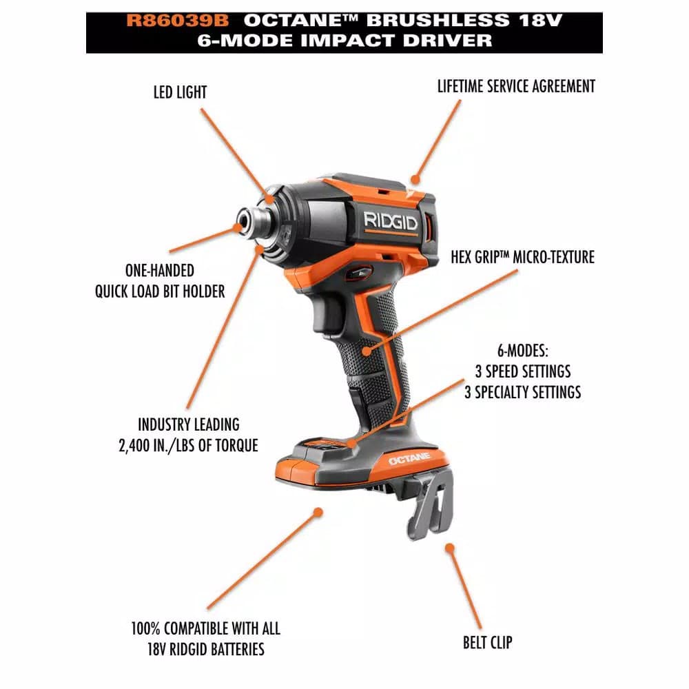 RIDGID 18V OCTANE Brushless 6-Mode 1/4 in. Impact Driver (Tool Only)