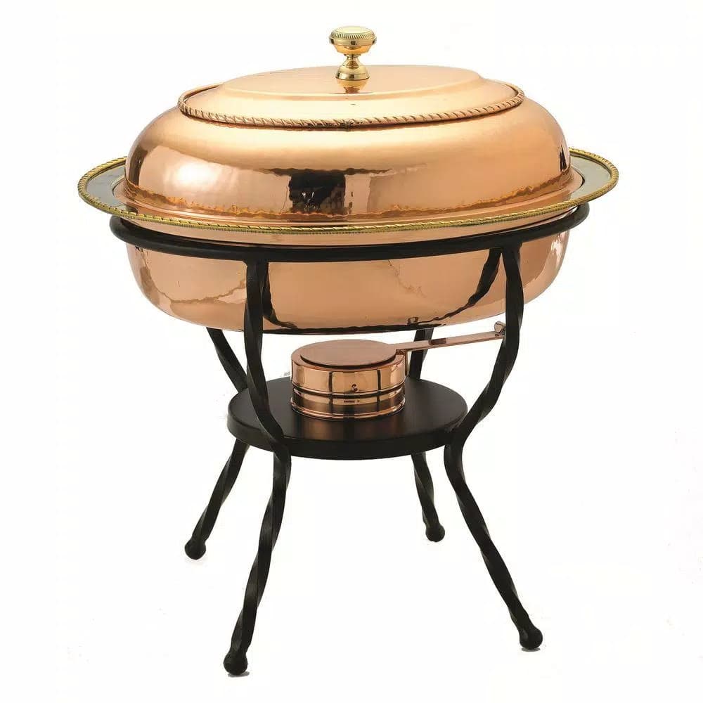 Old Dutch 6 Qt. Oval Copper over Stainless Steel Chafing Dish with Black Iron Stand