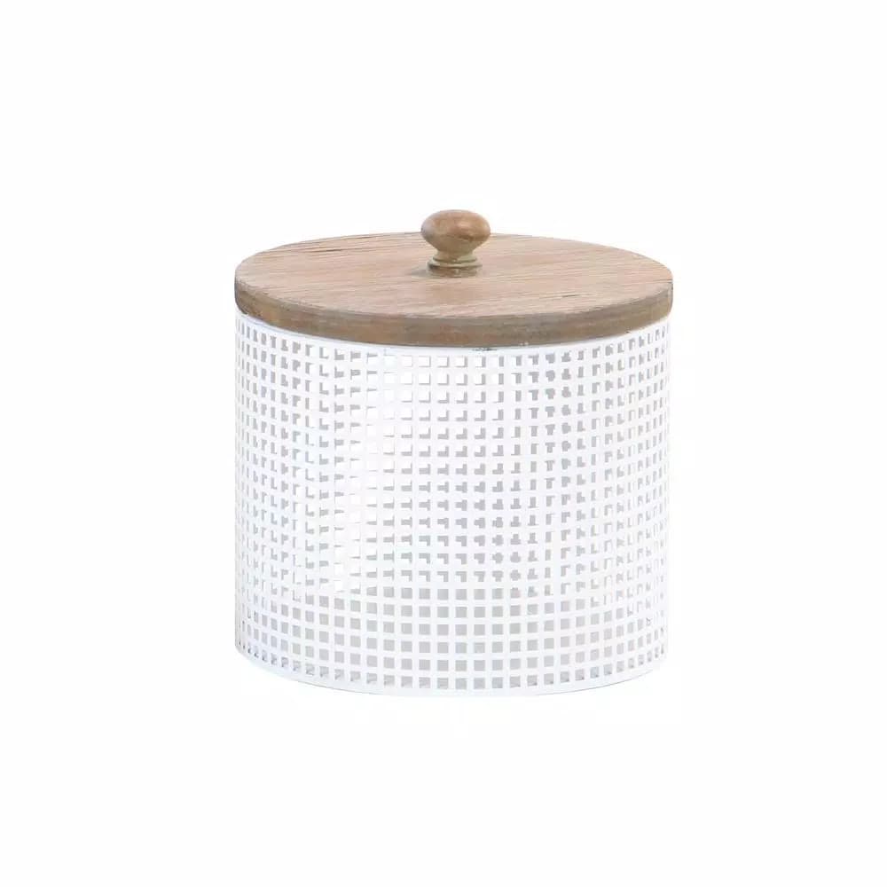 LITTON LANE White Iron Mesh Round Canisters with Wooden Lids, Set of 2