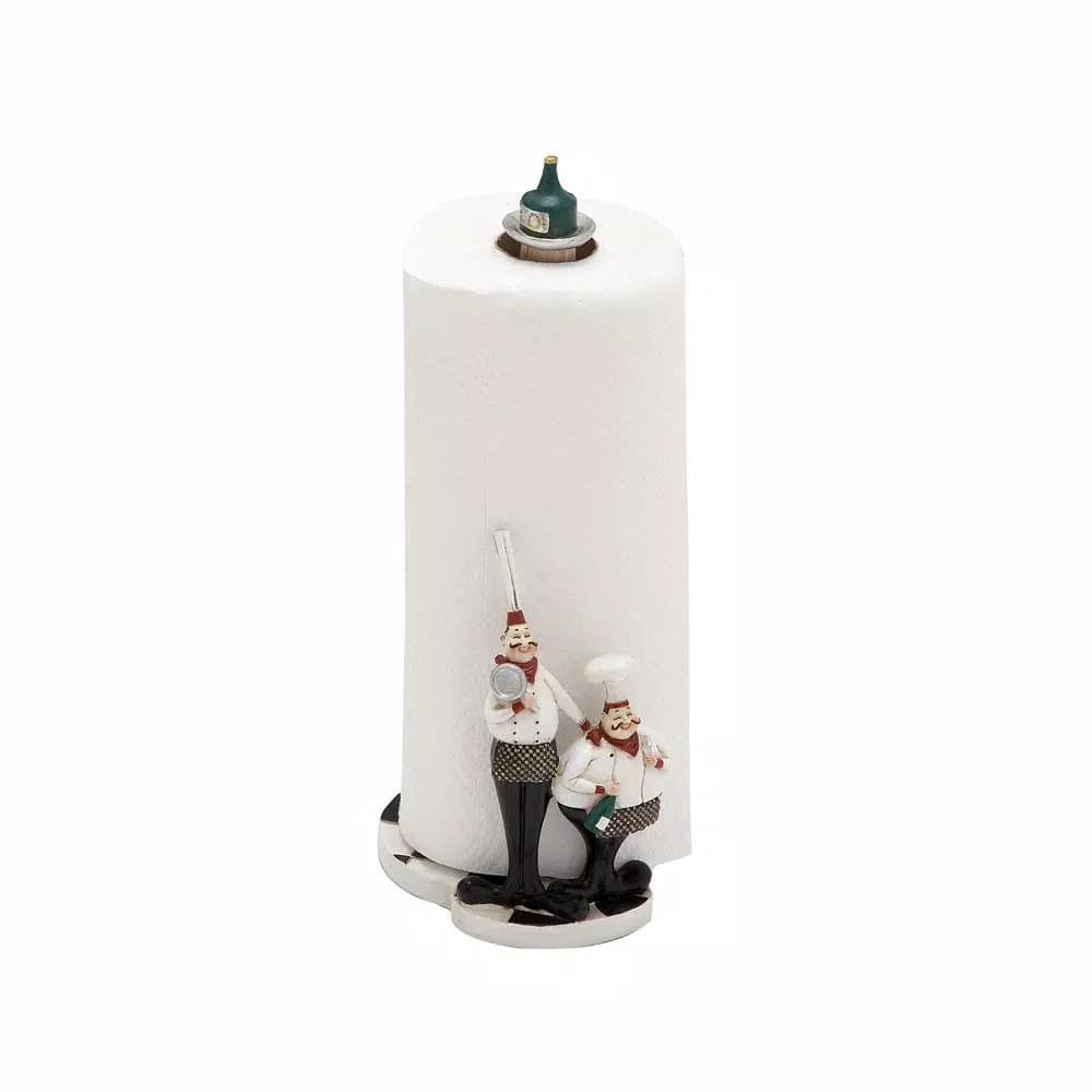 LITTON LANE Polystone Chef Figurines Paper Towel Holder with Wine Bottle Finial & Checkerboard Base