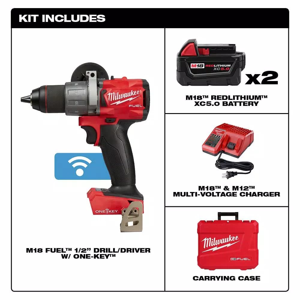 Milwaukee M18 FUEL ONE-KEY 1/2 in. Brushless Cordless Drill Driver Kit with (2) 5.0 Ah Batteries & Charger