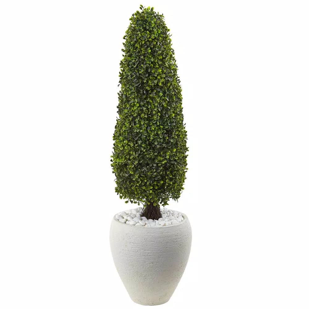 Nearly Natural 41" UV Resistant Artificial Boxwood Topiary in Textured White Planter