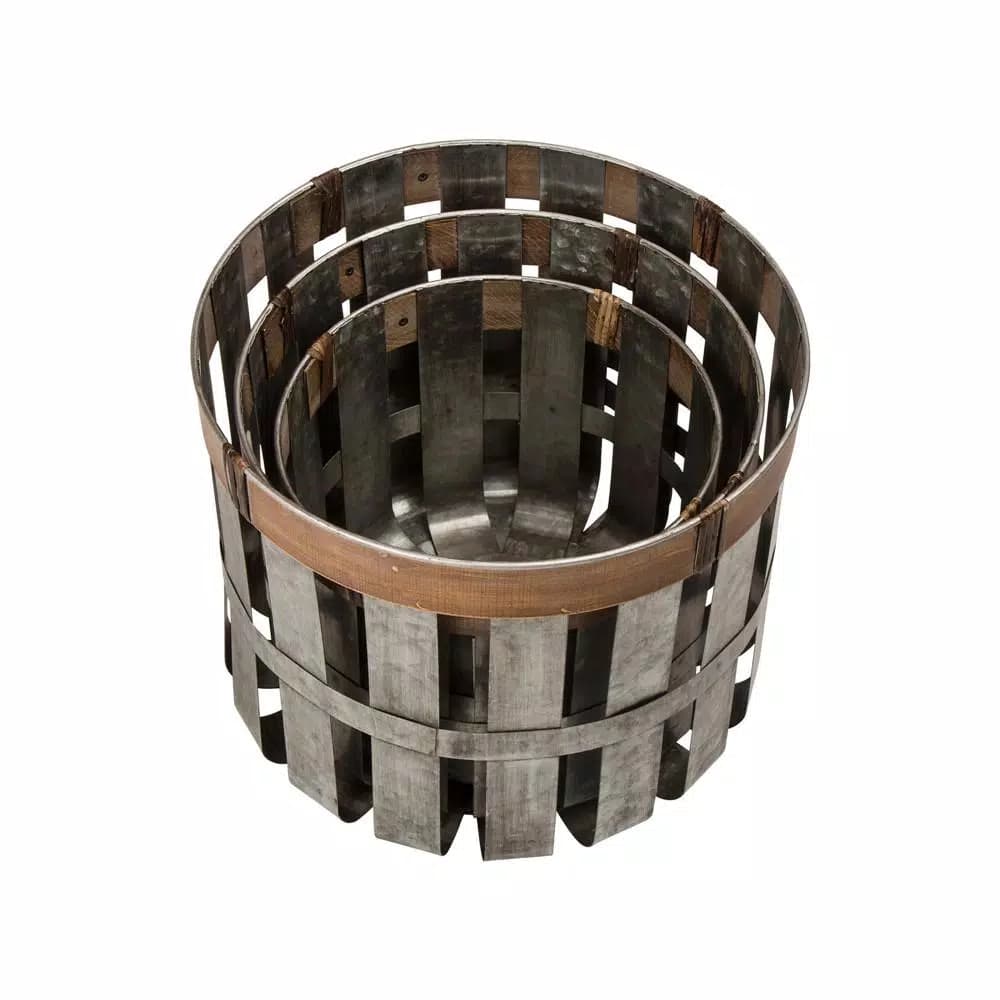 Glitzhome Farmhouse Slotted Galvanized Metal Storage Basket Set, Round with MDF Top (Set of 3)