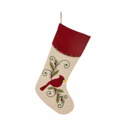 Glitzhome 21 in. Fabric Cardinal Christmas Stocking with Embroidered Holly and Berries, Red and Beige thumbnail 1