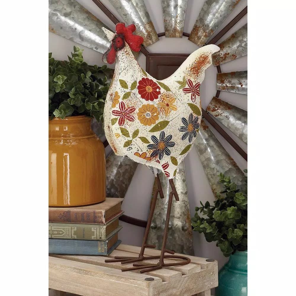 LITTON LANE 17 in. Farmhouse Floral Pattern Iron Rooster Garden Sculpture with Distressed Finish
