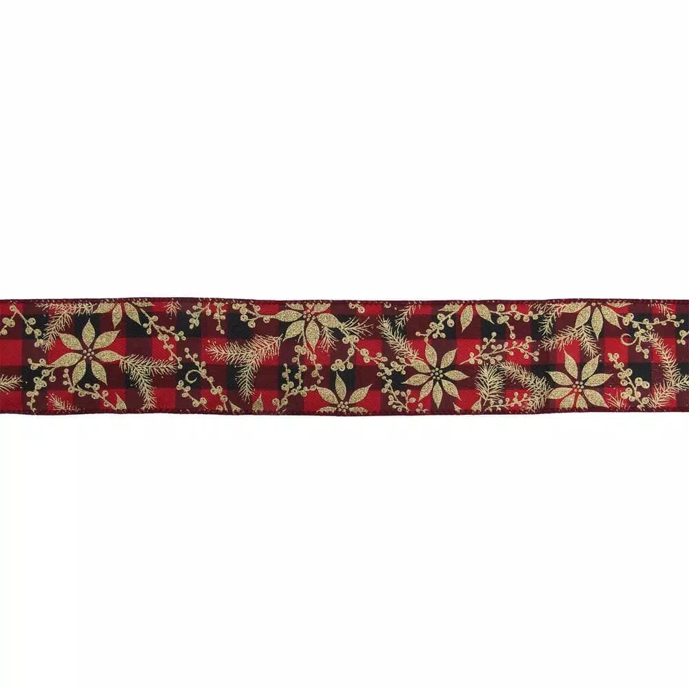 Northlight Buffalo Plaid Christmas Wired Craft Ribbon with Gold Floral Details, 2.5 in. x 16 yds.