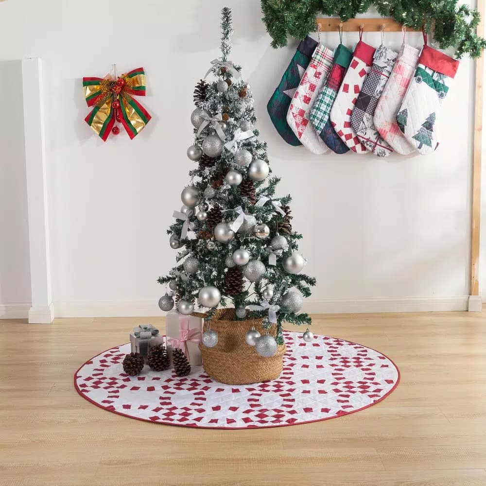 Country Living 48 in. Holiday Ring Quilted Tree Skirt, Red and White Candy Cane Microfiber