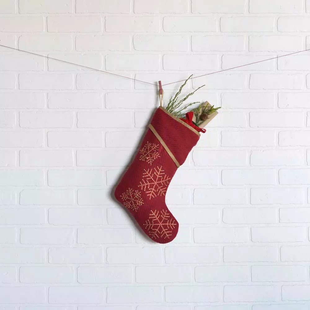 VHC Brands 15 in. Revelry Brick Red Traditional Christmas Stocking with Gold Embroidered Snowflakes