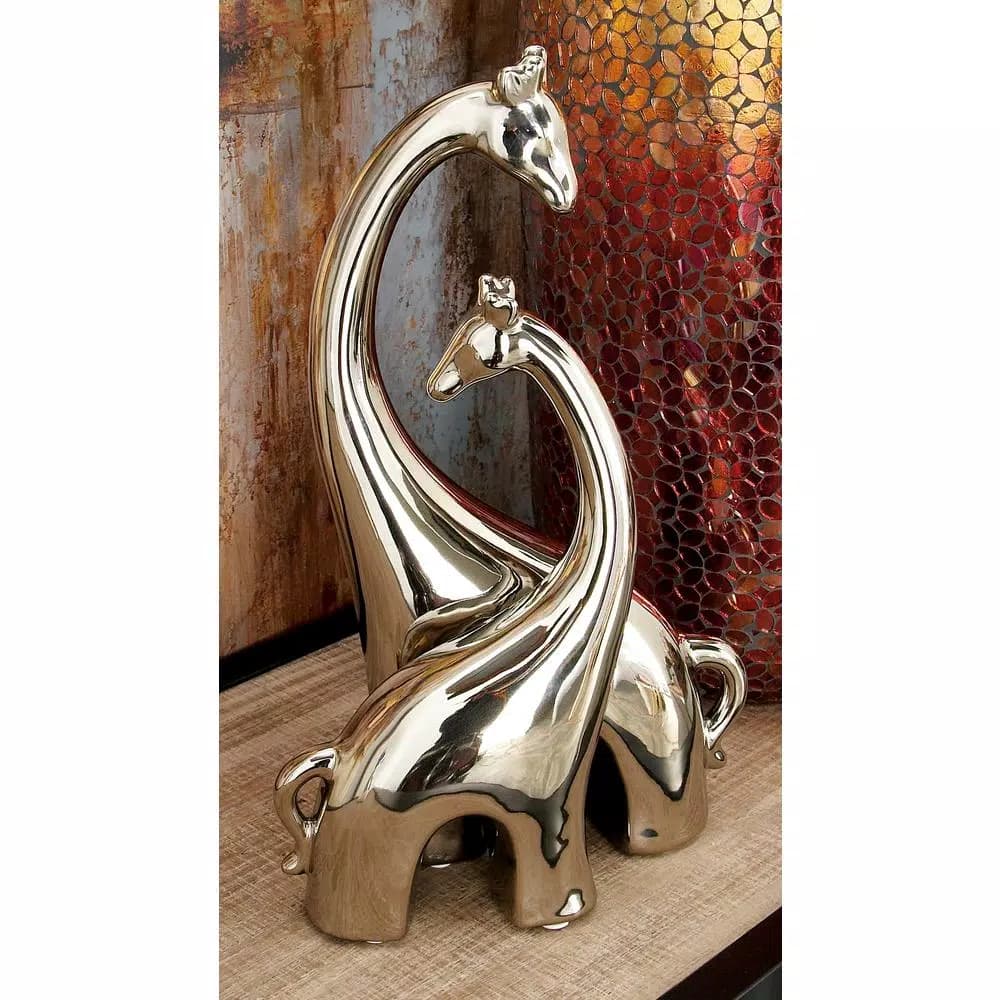 LITTON LANE Abstract Ceramic Giraffe Sculpture - Adult and Young Standing Statues, Polished Silver