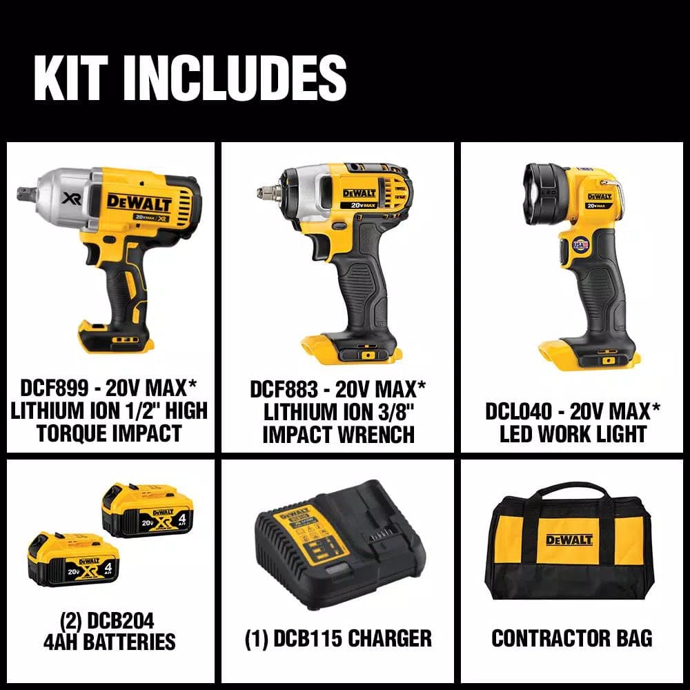 DEWALT 20V MAX Cordless Impact Wrench, Impact Driver & LED Light 3-Tool Combo Kit with (2) 4.0 Ah Batteries