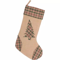 VHC Brands 20 in. Clement Deep Red Rustic Christmas Decor Tree Appliqued Stocking thumbnail 1