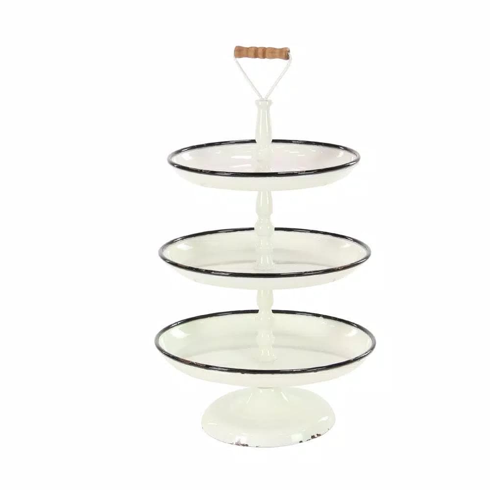 LITTON LANE Rustic Reflections 3-Tier Metal Pedestal Tray, Distressed White with Black Accents
