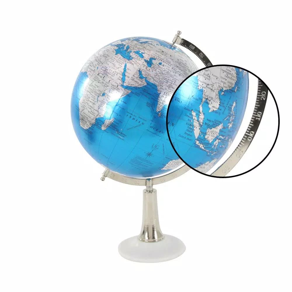LITTON LANE Modern Reflections 20 in. Blue and Silver Decorative Tabletop Globe with Marble Base