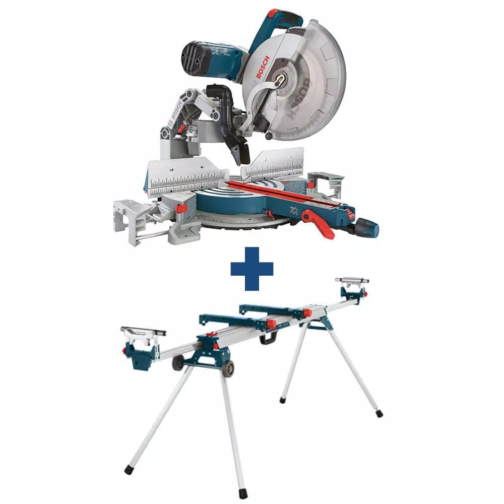 Bosch 12 in. 15 Amp Dual-Bevel Sliding Glide Miter Saw with 60 Tooth Blade and Portable Folding Stand