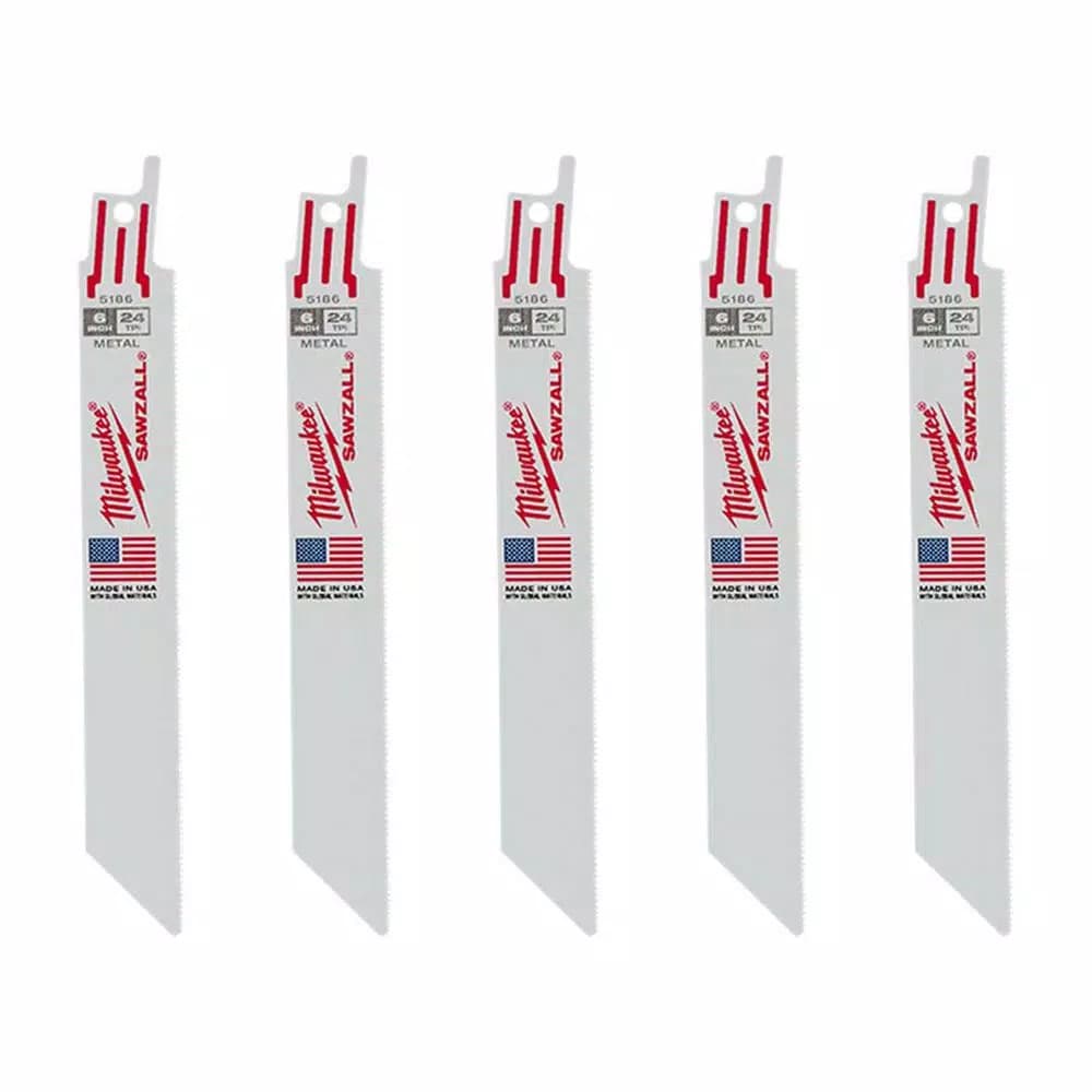 Milwaukee 6 in. 24 TPI Thin Kerf Metal Cutting Reciprocating Saw Blades, Bi-Metal (5 Pack)