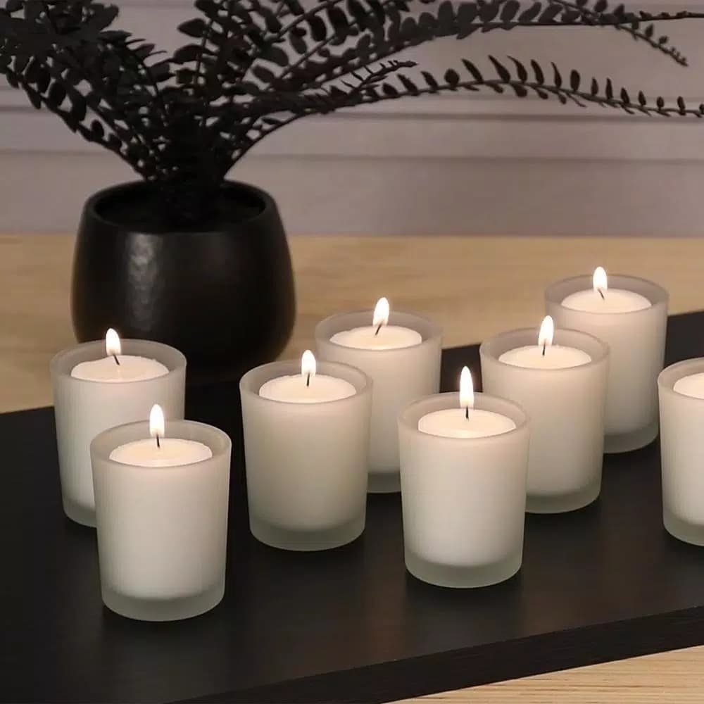 LUMABASE 12-Piece White Votive Candle Set with Frosted Glass Holders, 15-Hour Burn Time, Unscented Paraffin Wax