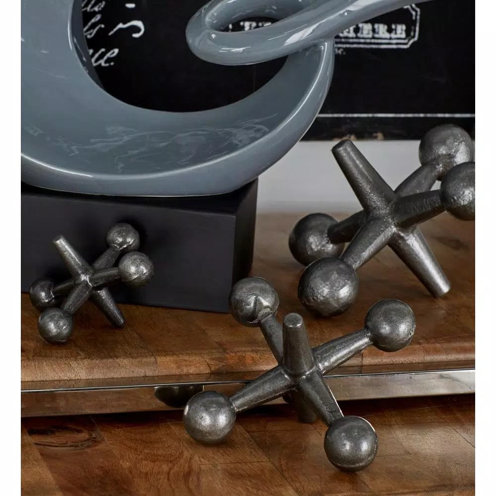 LITTON LANE Modern Reflections Metal Jack Stone Sculptures, Set of 3, Metallic Gray