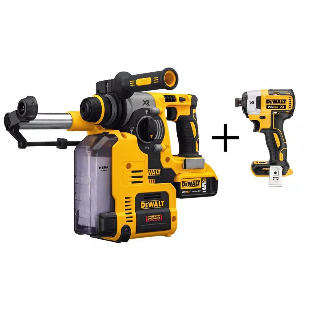 DEWALT 20V MAX XR 1 in. SDS Plus Rotary Hammer Kit with Dust Extractor, (2) 5 Ah Batteries & Bonus 1/4 in. Impact Driver