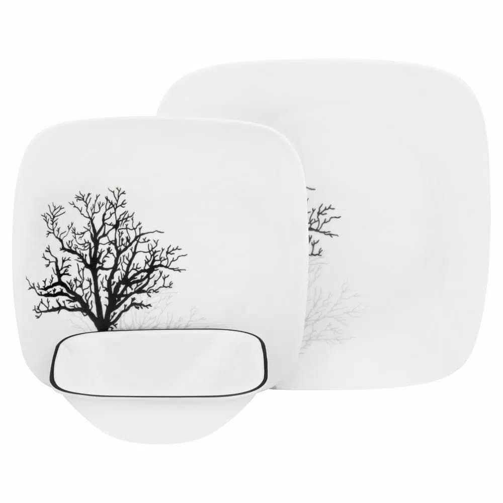 Corelle Square 16-Piece Black Trees Glass Dinnerware Set, Service for 4