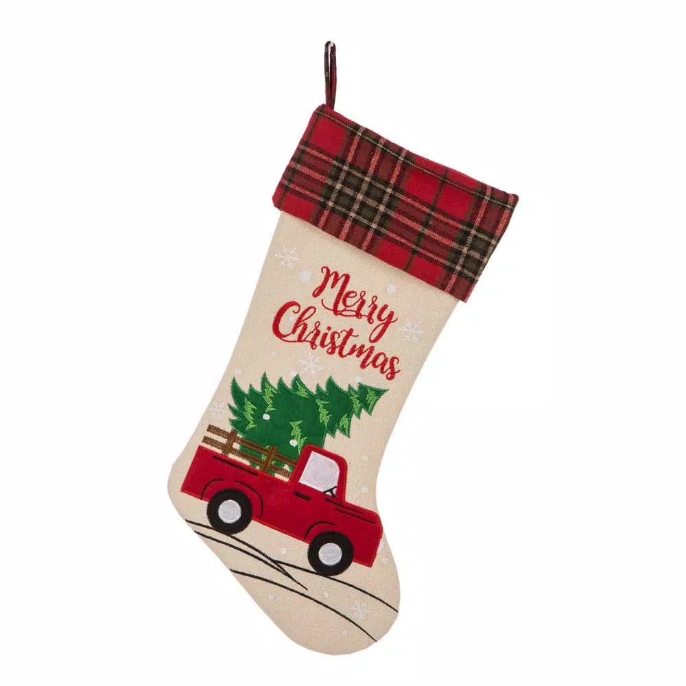 Glitzhome 21 in. Polyester Embroidered Linen Style Christmas Stocking Set, 2-Pack