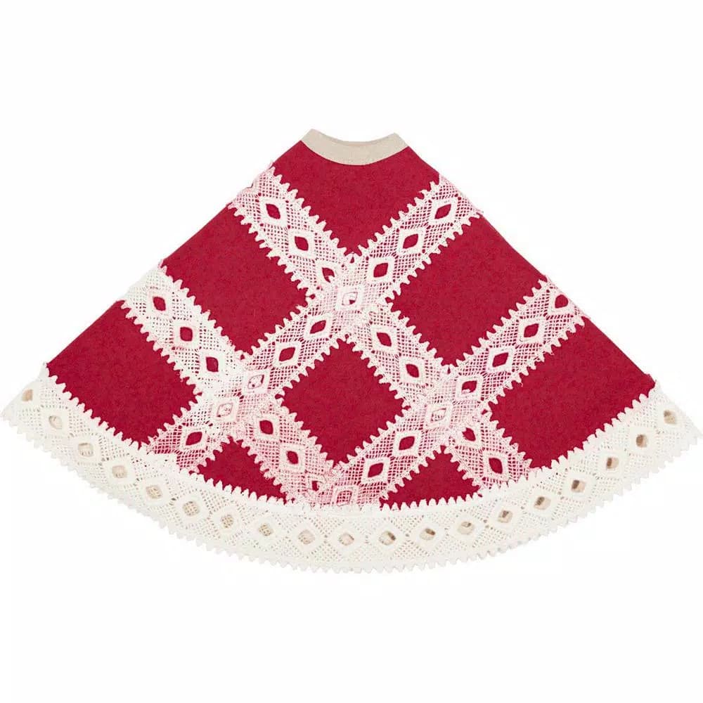 VHC Brands 21 in. Red Margot Farmhouse Christmas Tree Skirt with Diamond Cut Lace