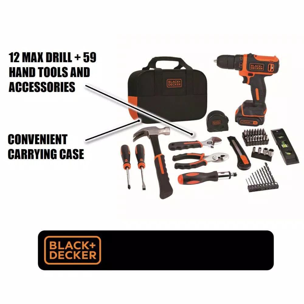 BLACK+DECKER 12V MAX Lithium-Ion Cordless Drill/Driver 57-Piece Project Kit with 1.5Ah Battery, Charger & Tool Bag