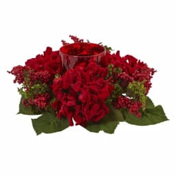 Nearly Natural 6 in. Red Hydrangea and Berry Glass Candelabrum Indoor Tabletop Decor thumbnail 1