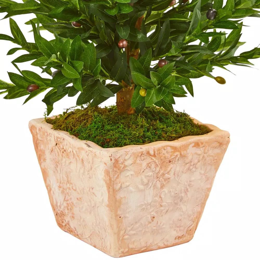 Nearly Natural 35-In. Artificial Olive Cone Topiary Tree in Terra Cotta Planter, UV-Resistant Indoor/Outdoor Decor