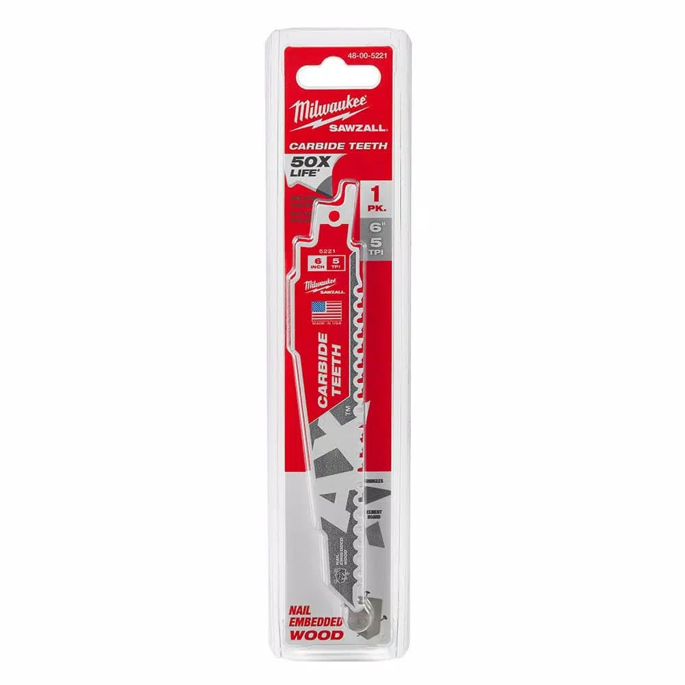 Milwaukee AX Carbide Teeth 6 in. 5 TPI Reciprocating Saw Blade for Nail-Embedded Wood