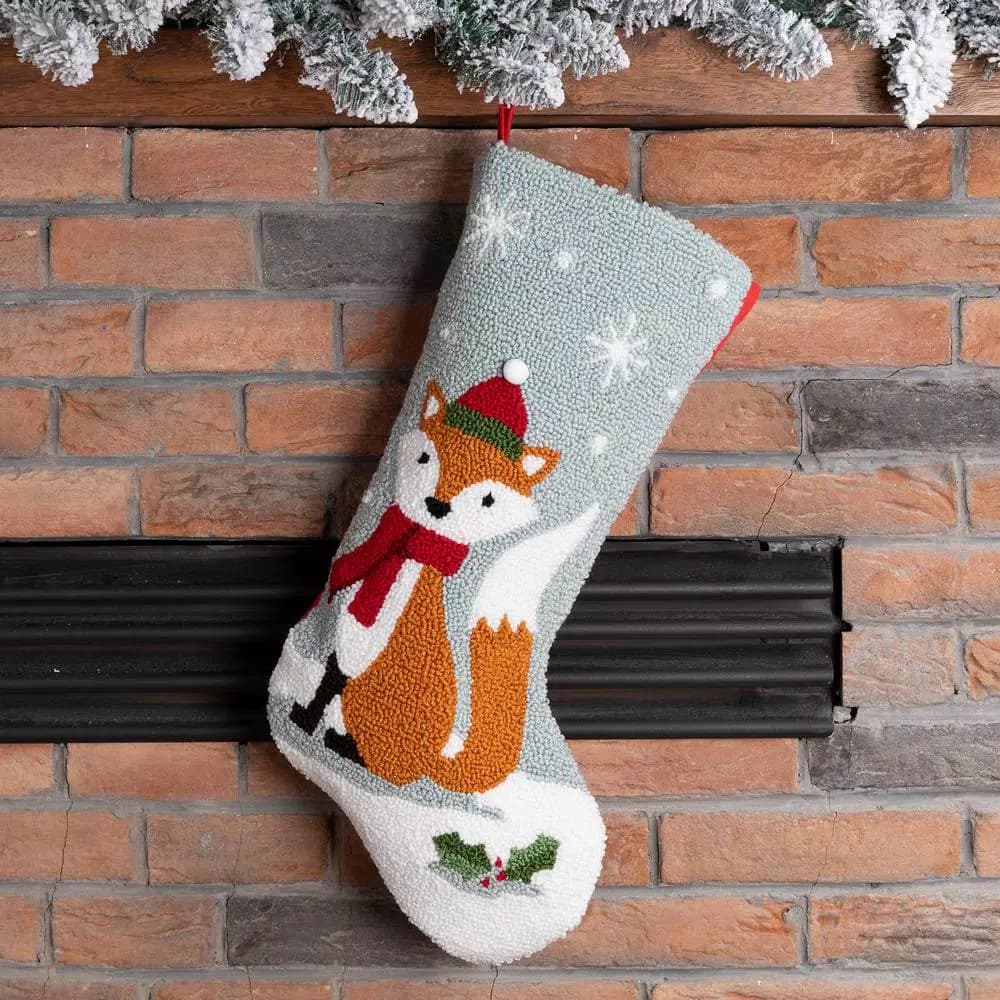 Glitzhome 19 in. Fox Hooked Christmas Stocking with Red Scarf and Santa Hat