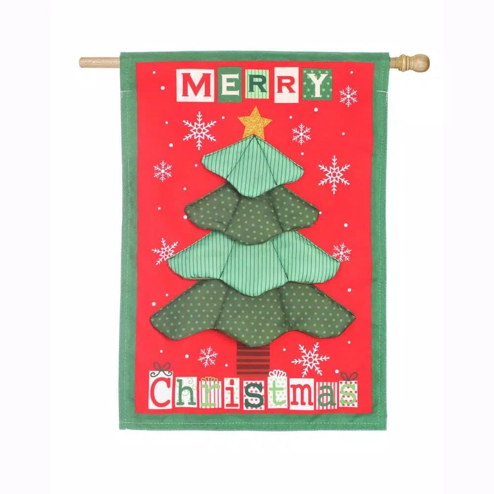 Evergreen 28 in. x 44 in. Christmas Tree Quilt House Linen Flag, Double-Sided Indoor/Outdoor Holiday Decor