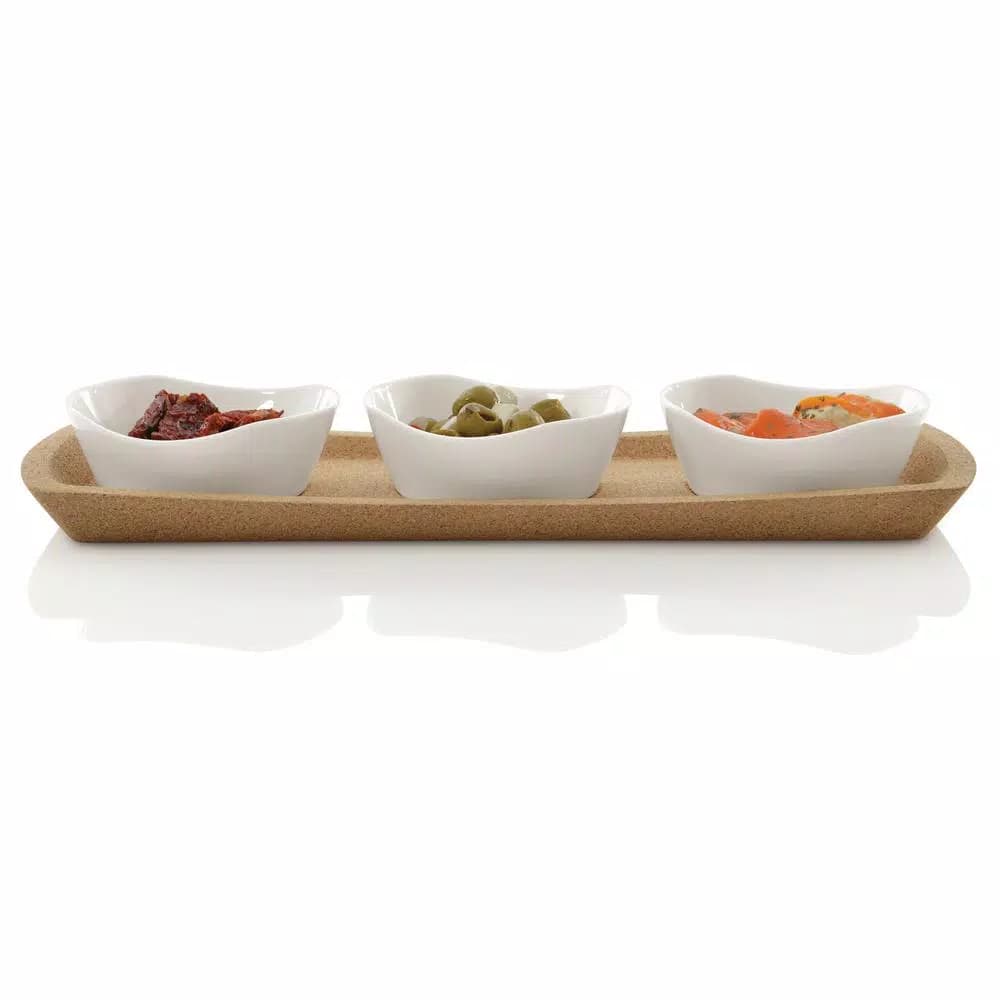 BergHOFF Eclipse 4-Piece Porcelain Snack Bowl Set with Cork Tray, White