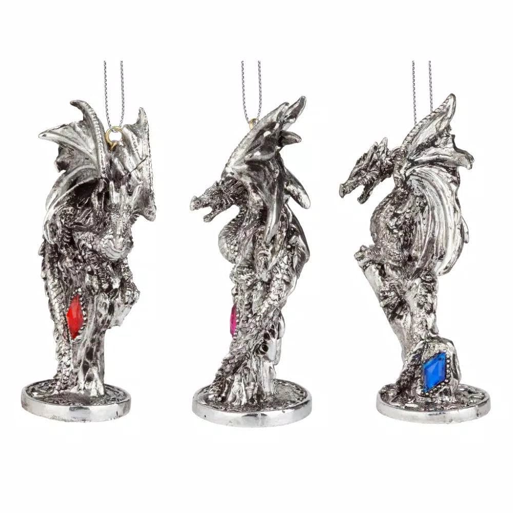Design Toscano Three Dragons of the Amesbury Holiday Gemstone Ornament Set, 3-Piece Silver Resin