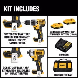 DEWALT 20V MAX XR Brushless Hammer Drill and Impact Driver Combo Kit with (2) 4.0Ah Batteries & Charger thumbnail 2